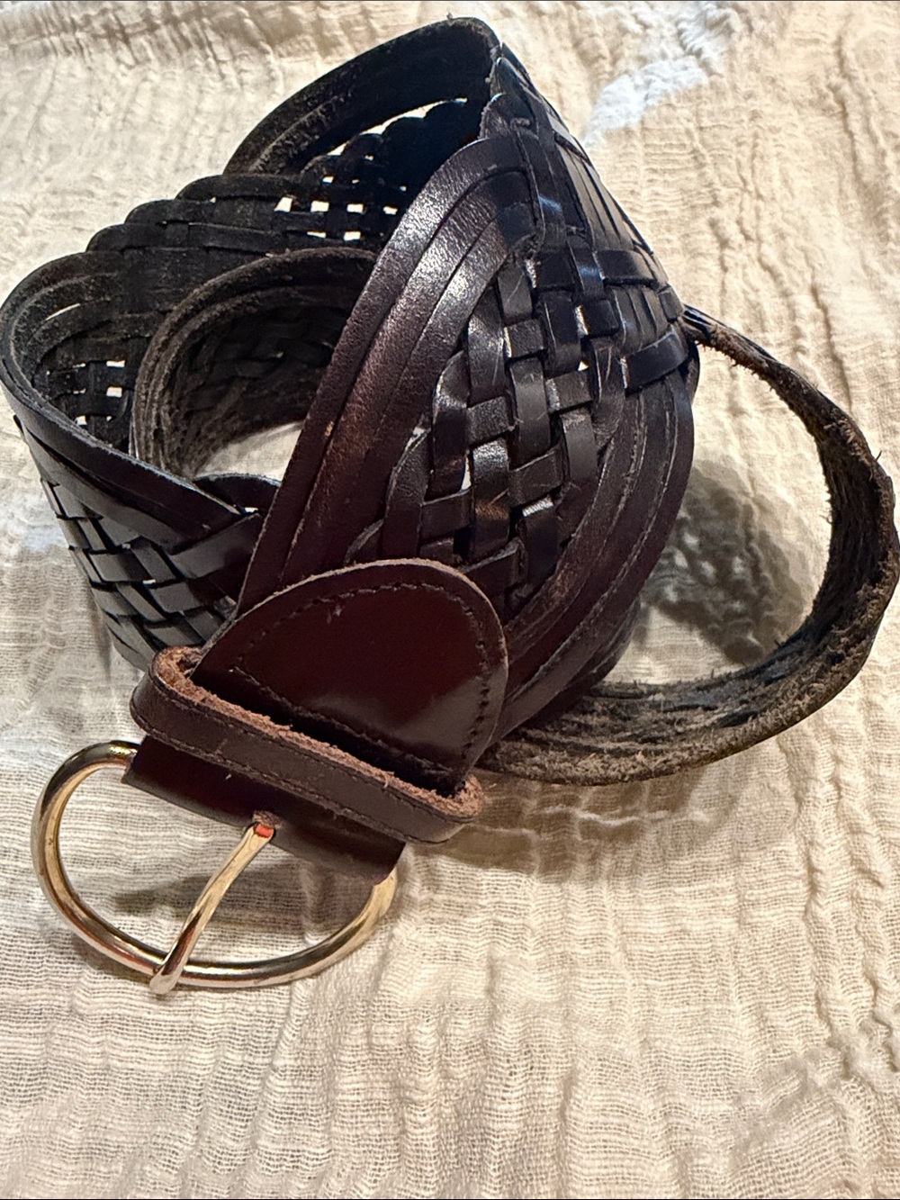 Amanda Smith - Woven Leather Belt in Dark Brown with Gold Buckle - 40”